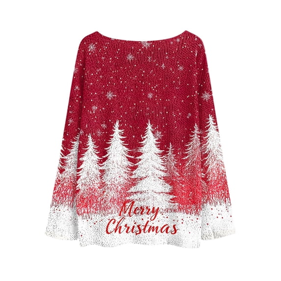 Womens Knit Baggy Sweatshirt Christmas Crew Neck Oversized Sweater Pullover Dropped Long Sleeve Tops with Prints (L, Red A)