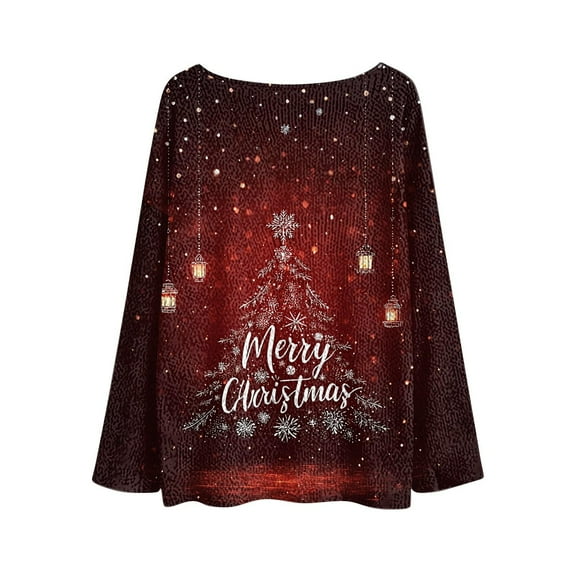 Womens Knit Baggy Sweatshirt Christmas Crew Neck Oversized Sweater Pullover Dropped Long Sleeve Tops with Prints (S, Black)