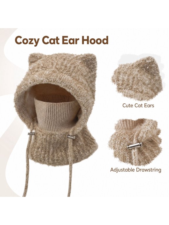 Womens Knit Balaclava Hat With Cat Ears Hooded Scarf Neck Warmer Integrated Face Mask Ear Cover Large Winter Beanie Ski Mask