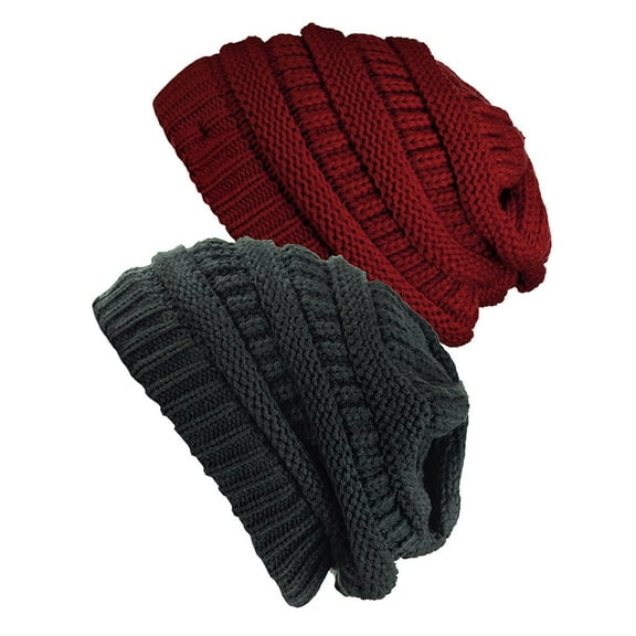 Womens Knit Beanie Cap Hat (2 PACK), Burgundy/Melange Grey