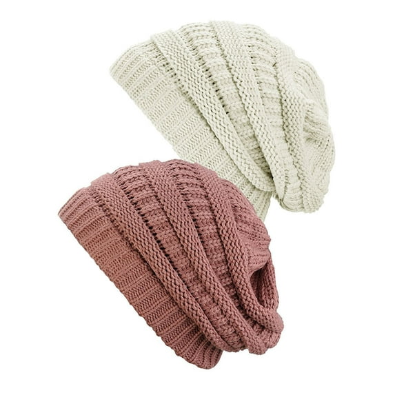 Womens Knit Beanie Cap Hat (2 PACK), Ivory/Mauve