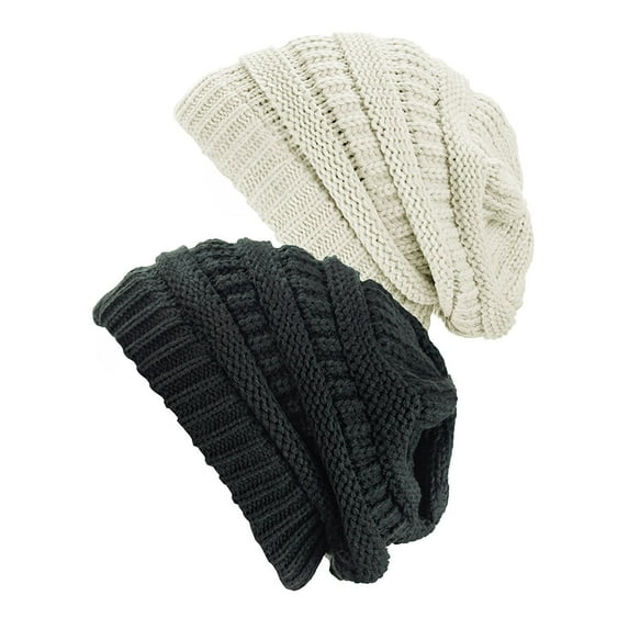 Womens Knit Beanie Cap Hat (2 PACK), Light M Grey/Dark M Grey