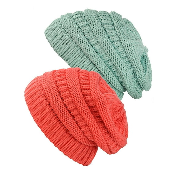 Womens Knit Beanie Cap Hat (2 PACK), Mint/Coral