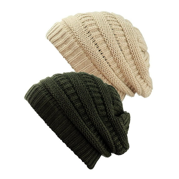 Womens Knit Beanie Cap Hat (2 PACK), New Beige/New Olive