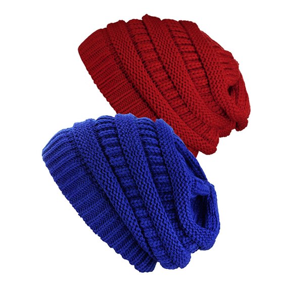 Womens Knit Beanie Cap Hat (2 PACK), Royal/Red