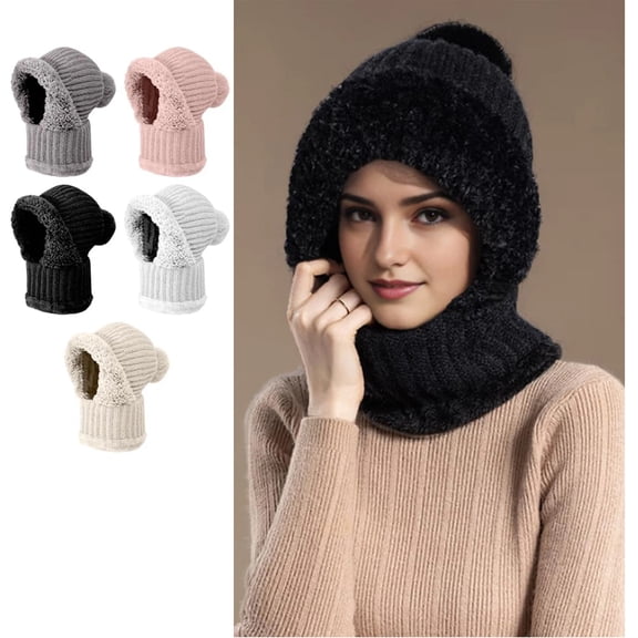 Womens Knit Beanie Hat Fleece Lined Winter Scarf Mask Set Snow Caps Plush Earmuff Hats with Pompom Black Free