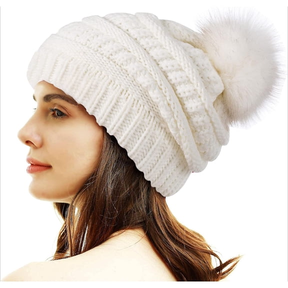 Womens Knit Beanies Hats with Fur Pom Bobble Hat Skull Cap Cable Beanie