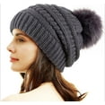 thumbnail image 1 of Womens Knit Beanies Hats with Fur Pom Bobble Hat Skull Cap Cable Beanie, 1 of 3