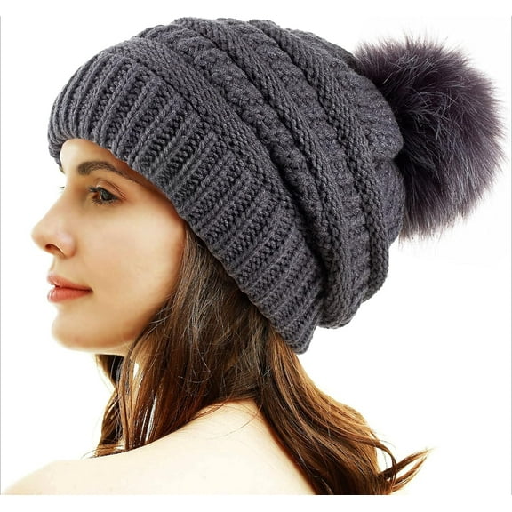 Womens Knit Beanies Hats with Fur Pom Bobble Hat Skull Cap Cable Beanie
