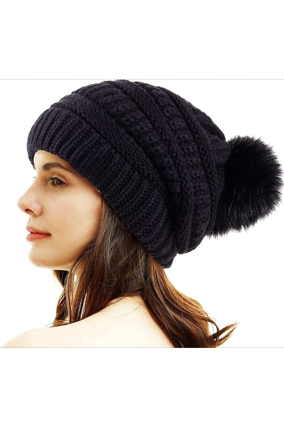 Womens Knit Beanies Hats with Fur Pom Bobble Hat Skull Cap Cable Beanie