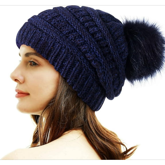 Womens Knit Beanies Hats with Fur Pom Bobble Hat Skull Cap Cable Beanie