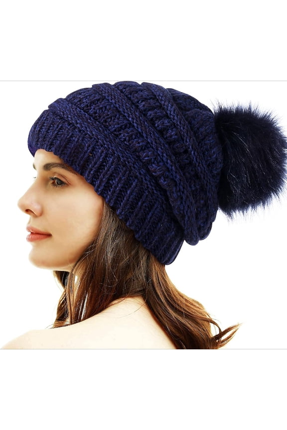 Womens Knit Beanies Hats with Fur Pom Bobble Hat Skull Cap Cable Beanie