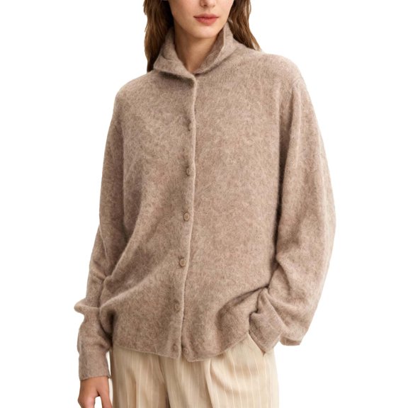 Womens Knit Cardigan Long Sleeve Mock Neck Button Down Casual Comfortable Soft Warm Knitted Coat Tops (S, Khaki)