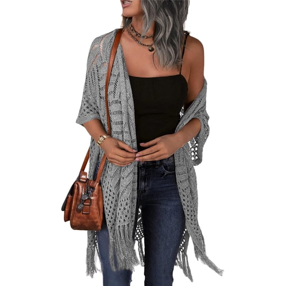 Womens Knit Cardigan Open Front Outwear Hollow Out Crochet Tassel Lightweight Kimonos Sweater S-XXL