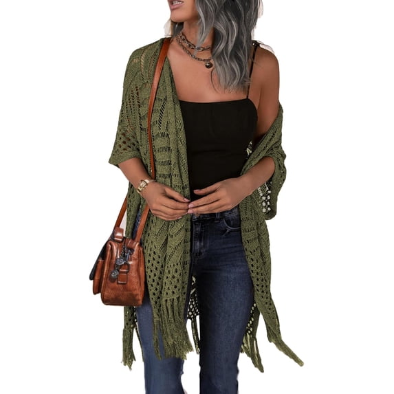 Womens Knit Cardigan Open Front Outwear Hollow Out Crochet Tassel Lightweight Kimonos Sweater S-XXL
