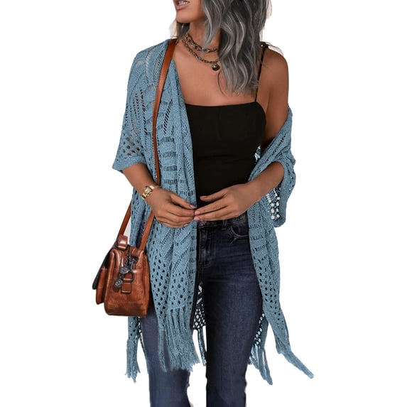 Womens Knit Cardigan Open Front Outwear Hollow Out Crochet Tassel Lightweight Kimonos Sweater S-XXL
