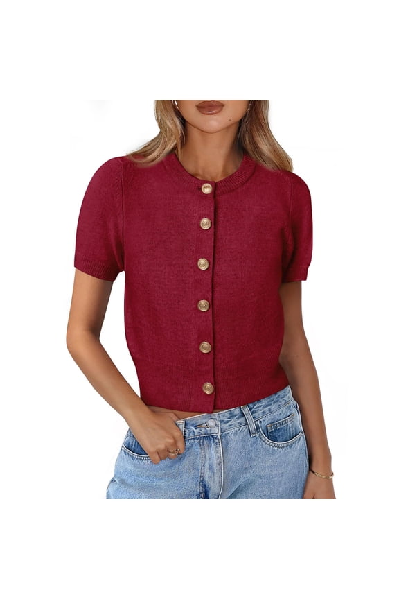 Womens Knit Cardigans Round Neck Short Sleeve Button-Front Cropped Comfortable Casual Everyday Summer Tops Wine M