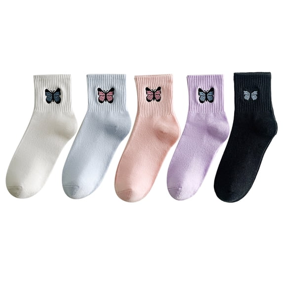 Womens Knit Cotton Socks LSQii Fashion Y2K Butterfly Embroidered Soft Breathable Pure Cotton Crew Sports Socks Summer Sales for Outdoor Vacation Travel Workouts Running Daily