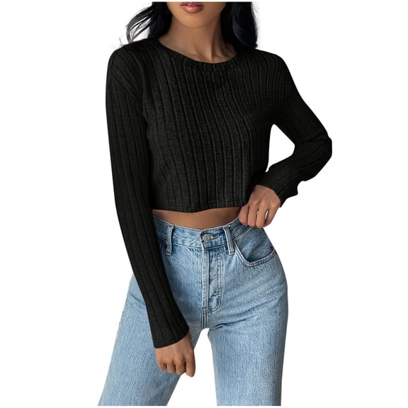 Womens Knit Cropped Sweaters Fall Winter Casual Ribbed Shirts Pullover Long Sleeve Slim-Fit Basic Sweater Tops Black, M