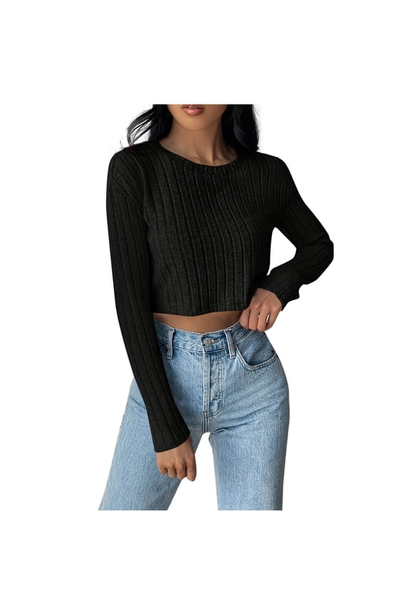 Womens Knit Cropped Sweaters Fall Winter Casual Ribbed Shirts Pullover Long Sleeve Slim-Fit Basic Sweater Tops Black, M
