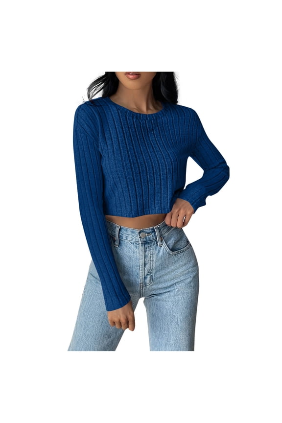 Womens Knit Cropped Sweaters Fall Winter Casual Ribbed Shirts Pullover Long Sleeve Slim-Fit Basic Sweater Tops Blue, M