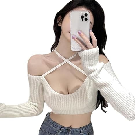 Womens Knit Cropped Top Long Sleeve Halter Drop Shoulder Tops V Neck Knitwear Sweater Casual Crop Shirts Apricot White