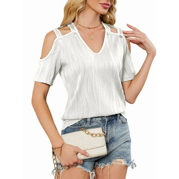 Womens Knit Cut Out Crisscross Cold Shoulder Tops Summer Casual Trendy Dressy Textured Blouse Tshirts Cream White L