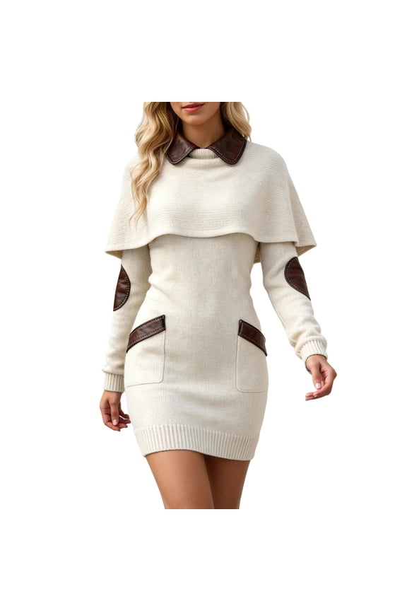 Womens Knit Dress Long Sleeve With Detachable Shawl Collar Slip Dress Spring Fall White