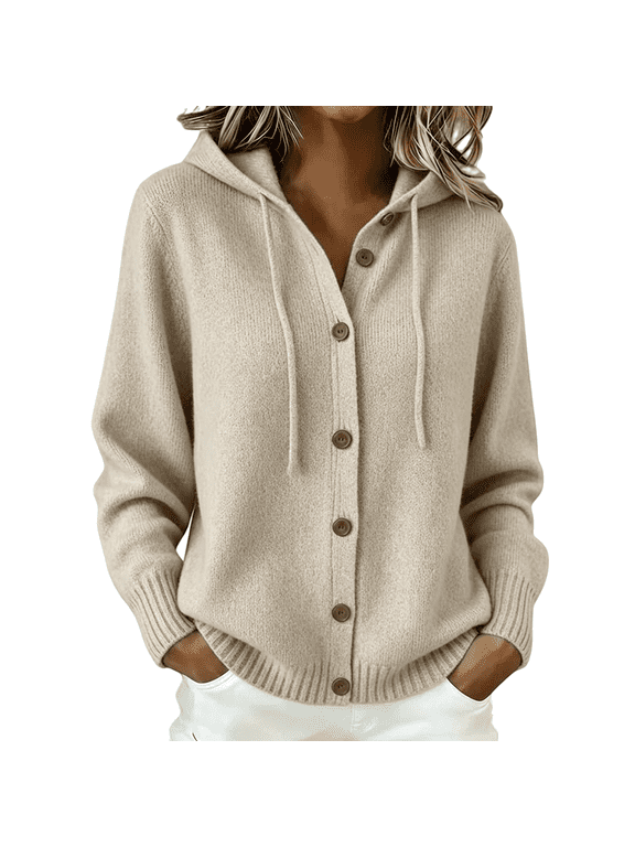 Womens Knit Hooded Cardigan Sweaters Button Down drawstring long sleeve Hoodie oversized relaxed fit thermal thick warm sweater comfy cozy Soft Hooded Sweatshirt Cardigan