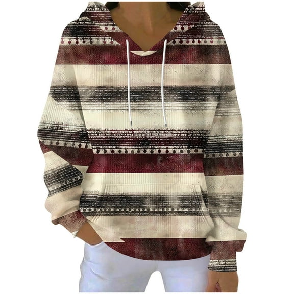 Womens Knit Hoodies Front Pocket Trendy Printed V Neck Drawstring Sweatshirts Long Sleeve Casual Pullover Tops (XL, Khaki|Striped)