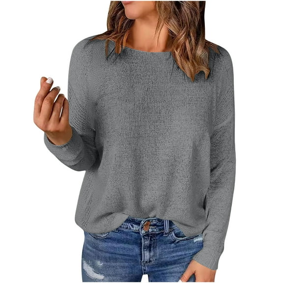 Womens Knit Long Sleeve Crew Neck Shirts Fashion Casual Lightweight Sweater 2025 Fall Elegant Dressy Tunic Tops Gray XXXL