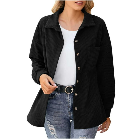 Womens Knit Long Sleeve Jacket Button Down Collared Shirt Solid Color Cardigan Loose Fit Work Blouse with Pocket (Black L)