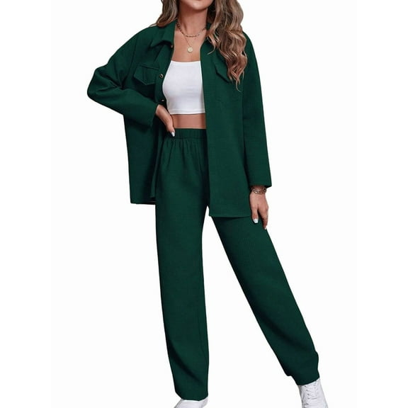Womens Knit Lounge Set 2 Piece Loungewear Long Sleeve Button Jacket and Straight Pants Outfits Green M