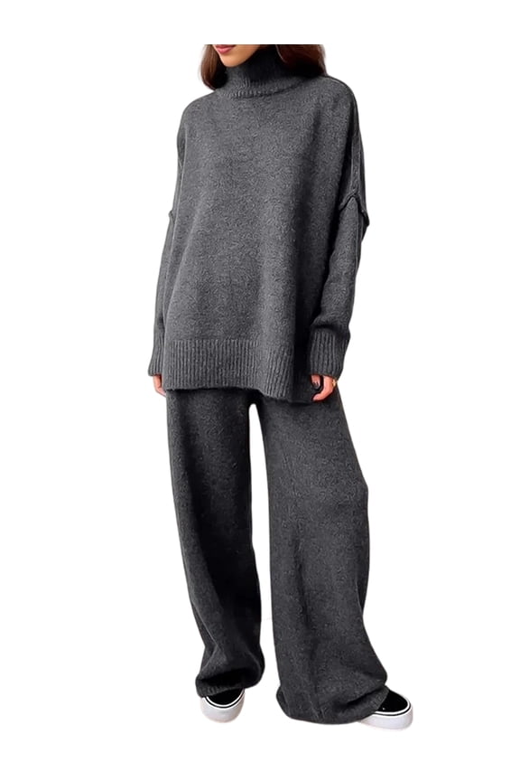 Womens Knit Lounge Set 2 Piece Sweater Top and Wide Leg Pants Soft Cozy Outfit for Fall Winter Black & Gray M