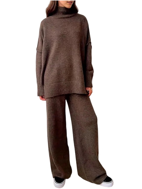 Womens Knit Lounge Set 2 Piece Sweater Top and Wide Leg Pants Soft Cozy Outfit for Fall Winter Brown M