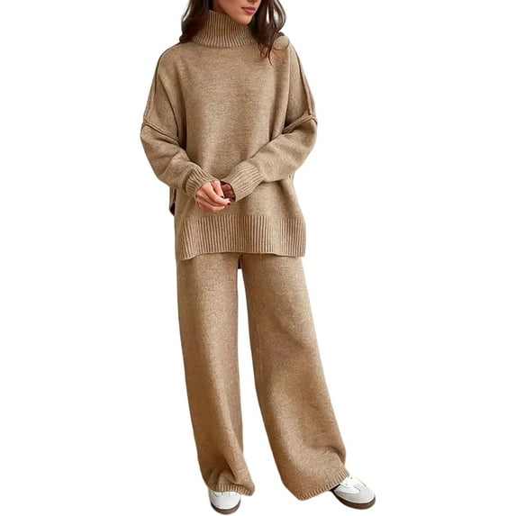 Womens Knit Lounge Set 2 Piece Sweater Top and Wide Leg Pants Soft Cozy Outfit for Fall Winter Camel Color L