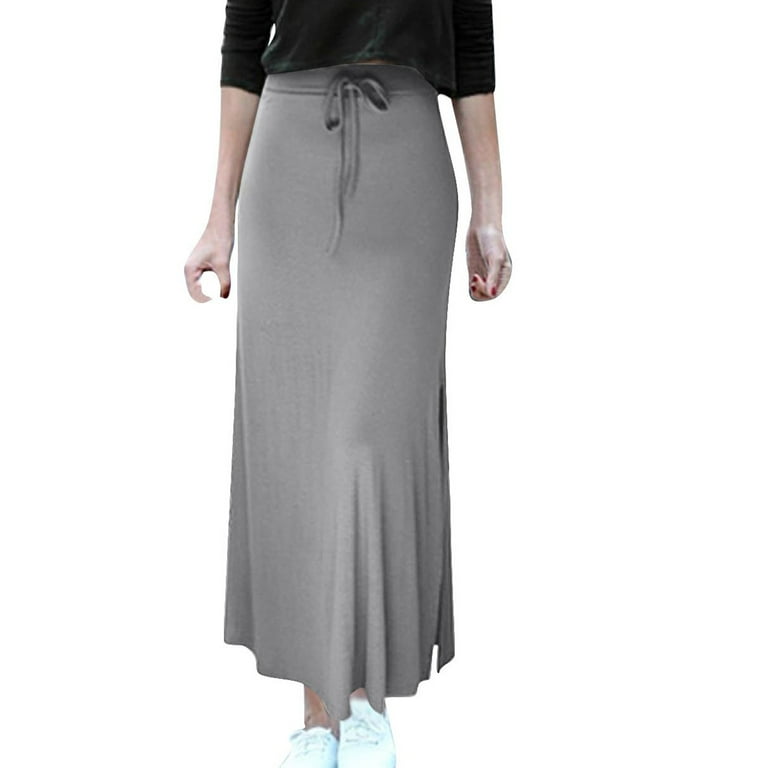 Womens Knit Maxi Skirt, Stretchy Casual Plus Size Soft Drawstring