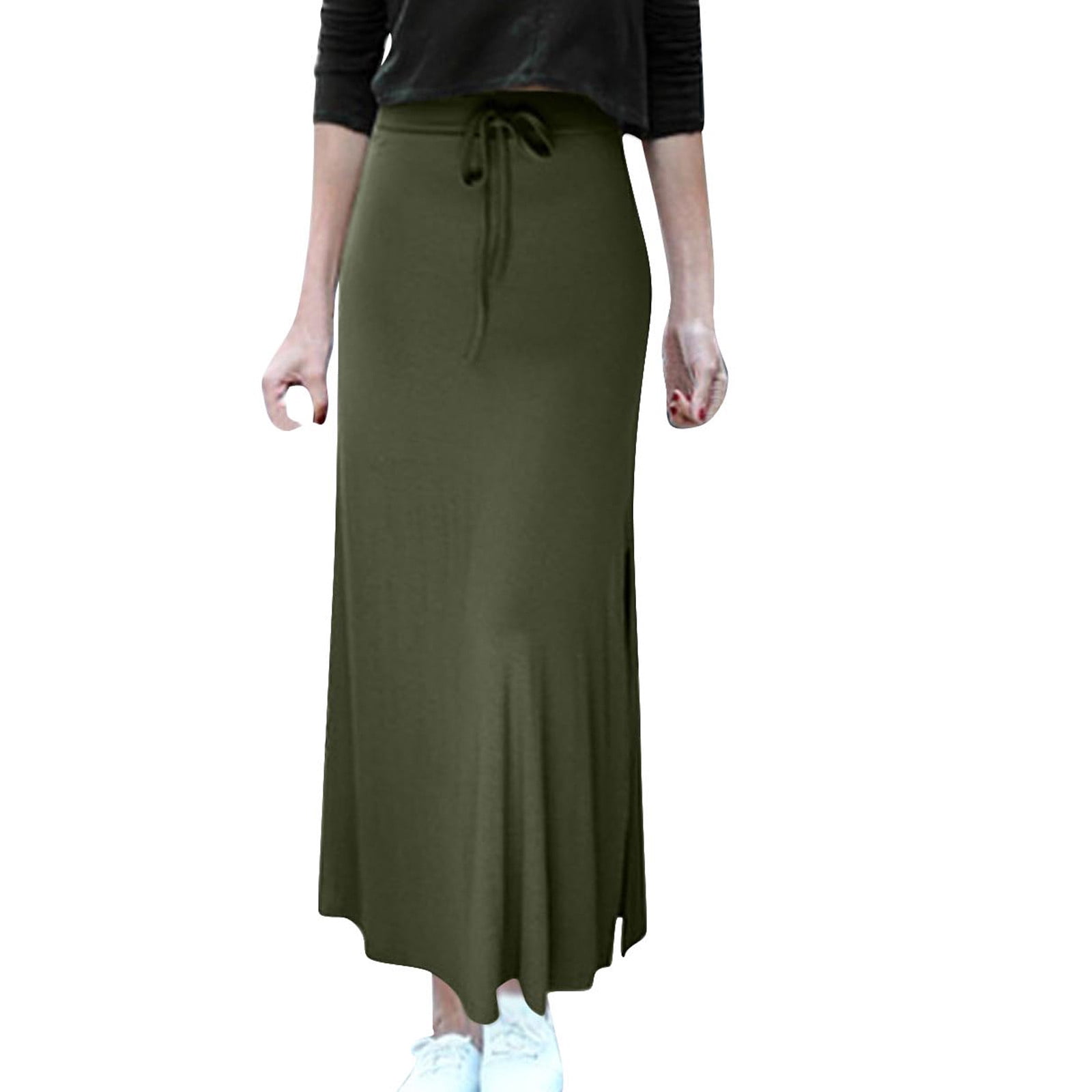 Womens Knit Maxi Skirt, Stretchy Casual Plus Size Soft Drawstring