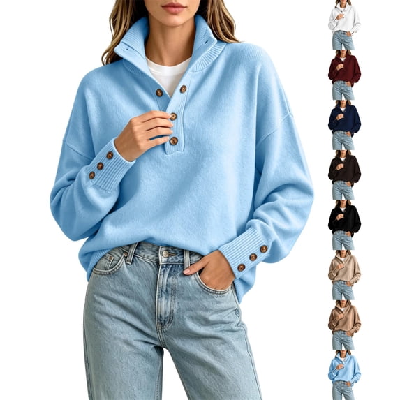 Womens Knit Mock Neck Sweater Solid Color Loose Fit Long Sleeve Button Up Pullover Tops for Fall Winter