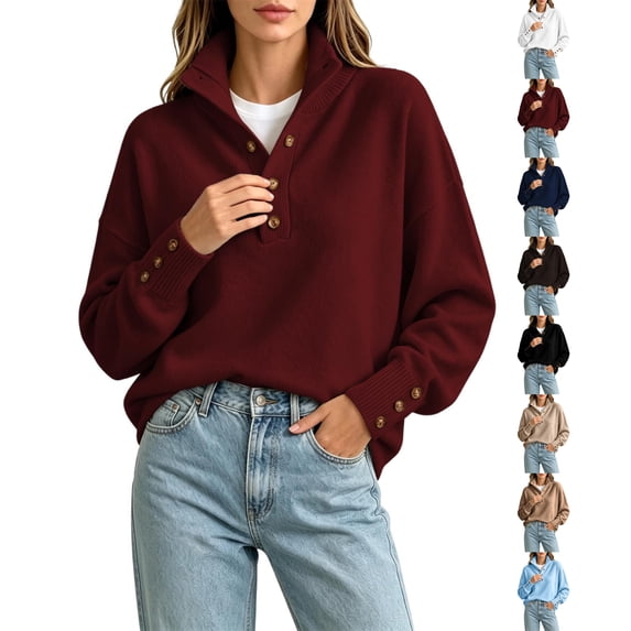 Womens Knit Mock Neck Sweater Solid Color Loose Fit Long Sleeve Button Up Pullover Tops for Fall Winter