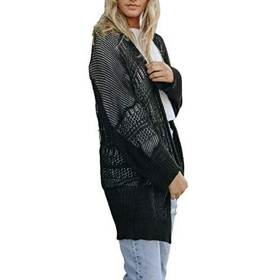 Womens Knit Netted Cardigan Long Kimono Cardigan (Black)