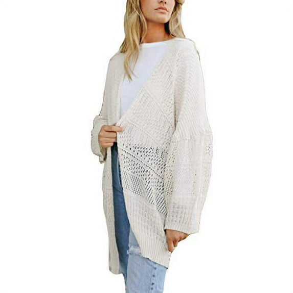 Womens Knit Netted Cardigan Long Kimono Cardigan (Cream)
