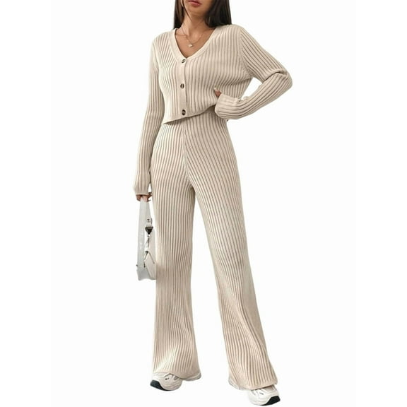 Womens Knit Pajama Sets V-Neck 2 Piece Outfits Casual Matching Lounge Set Long Sleeve Sweater Tops and Pants S