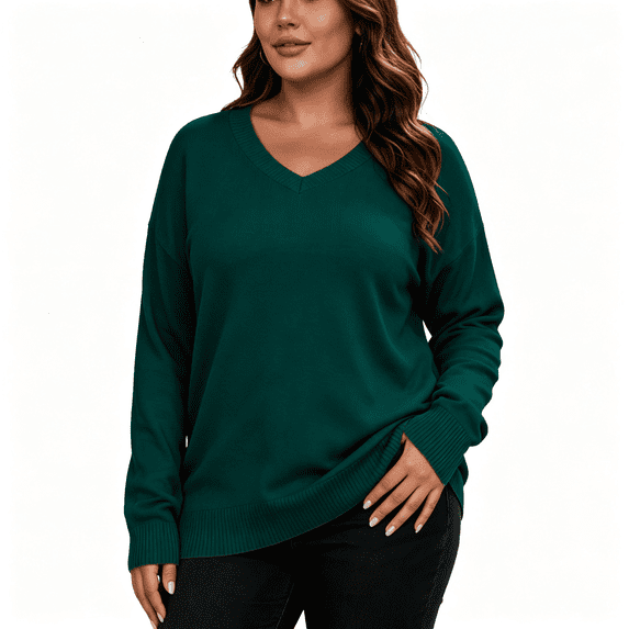 Womens Knit Plus Size Sweaters Casual Loose Fit V-Neck Long Sleeve Warm Fall Winter Pullover Sweaters Green L