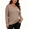 thumbnail image 1 of Womens Knit Plus Size Sweaters Long Sleeve Warm Casual Loose Fit V-Neck Fall Winter Pullover Sweaters Khaki 3XL, 1 of 8