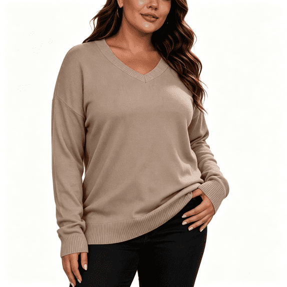 Womens Knit Plus Size Sweaters Long Sleeve Warm Casual Loose Fit V-Neck Fall Winter Pullover Sweaters Khaki 3XL