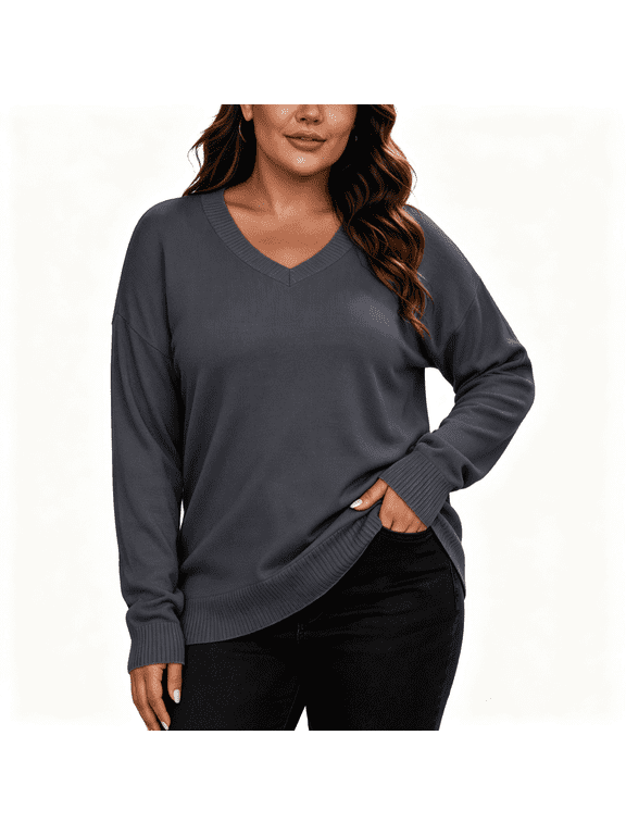 Womens Knit Plus Size Sweaters V-Neck Casual Loose Fit Warm Long Sleeve Fall Winter Pullover Sweaters Dark Gray 2XL
