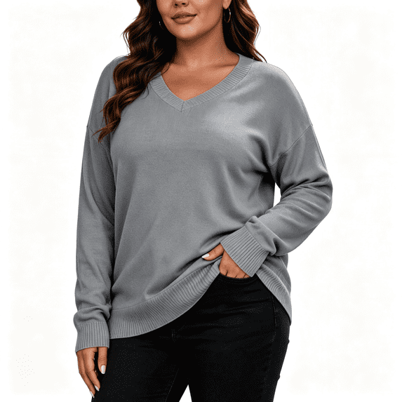 Womens Knit Plus Size Sweaters V-Neck Casual Loose Fit Warm Long Sleeve Fall Winter Pullover Sweaters Gray 2XL