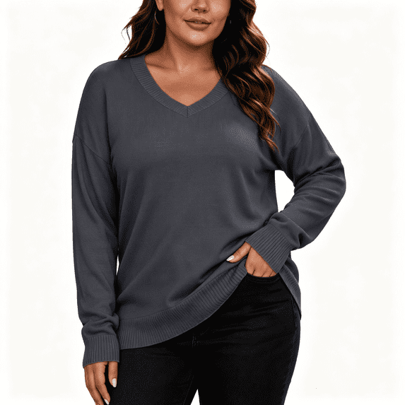 Womens Knit Plus Size Sweaters V-Neck Long Sleeve Warm Casual Loose Fit Fall Winter Pullover Sweaters Dark Gray XL-5XL