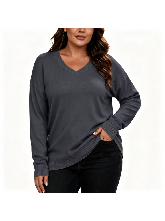 Womens Knit Plus Size Sweaters V-Neck Long Sleeve Warm Casual Loose Fit Fall Winter Pullover Sweaters Dark Gray XL-5XL